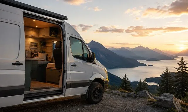 A compact off-grid campervan parked at a mountain lake overlook at sunset